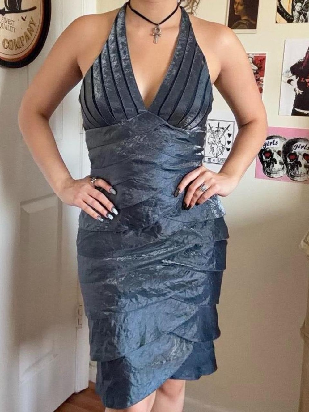 Halter Neck Crinkle Satin Cocktail Dress - Slate Gray